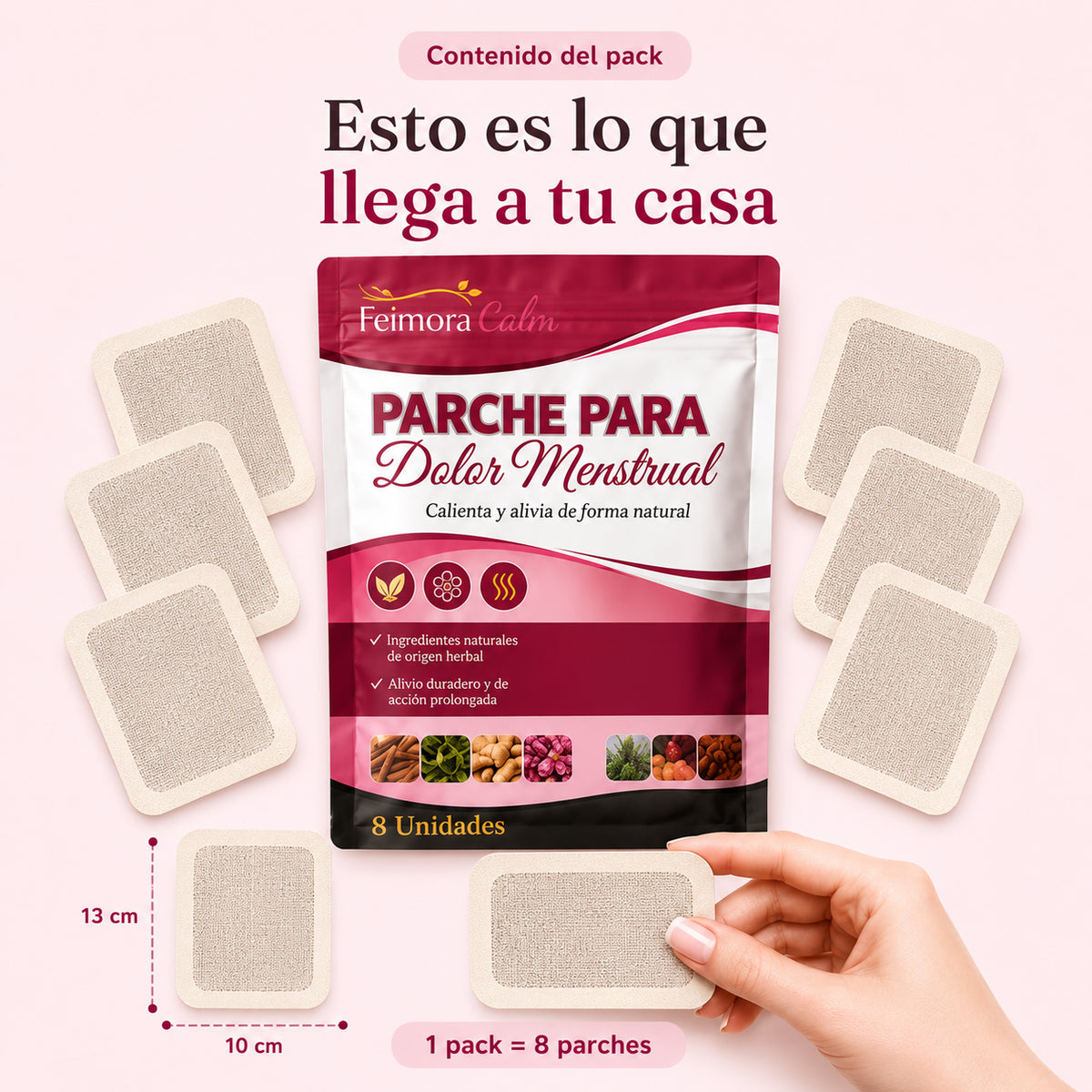 Contenido del pack Feimora Calm: 8 parches de 10 x 13 cm